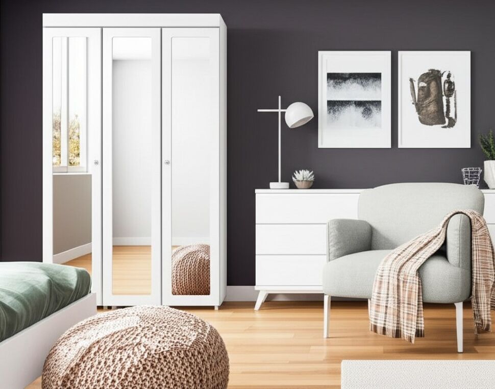 Шкаф 3-х дверный с 3-я зеркалами Монако МН-55 белое дерево