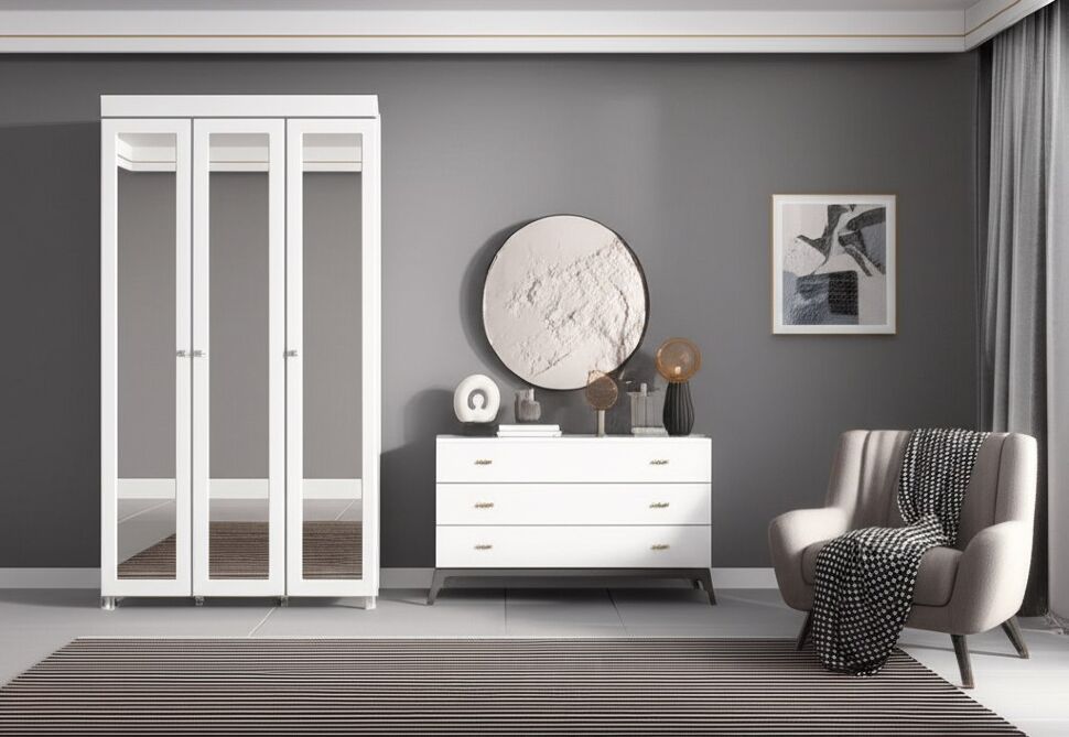 Шкаф 3-х дверный с 3-я зеркалами Монако МН-55 белое дерево