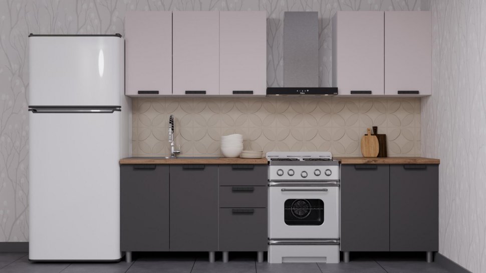 Кухня Аленушка 2м Лаванда Кашемир/Сталь, черный (без столешницы)