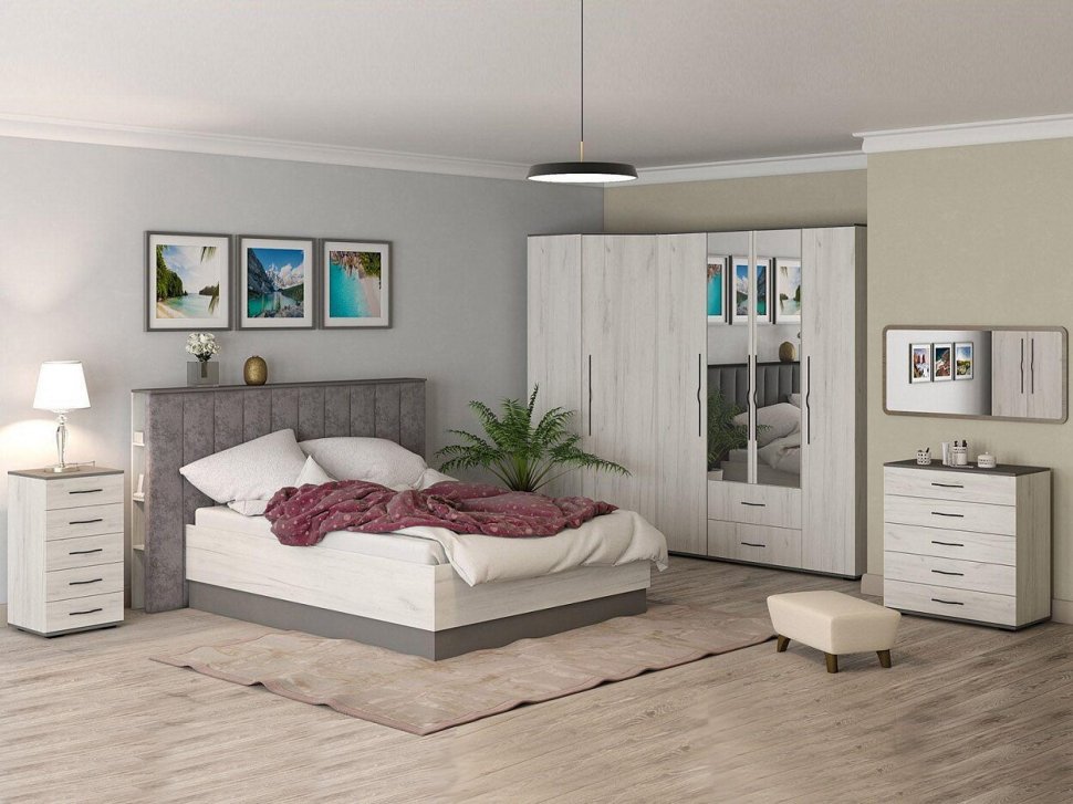 Бастион Комод узкий / Дуб Крафт Белый / Серый Шифер