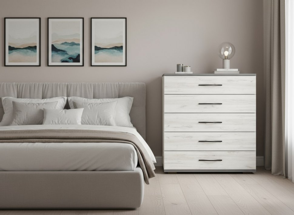 Бастион Комод широкий / Дуб Крафт Белый / Серый Шифер