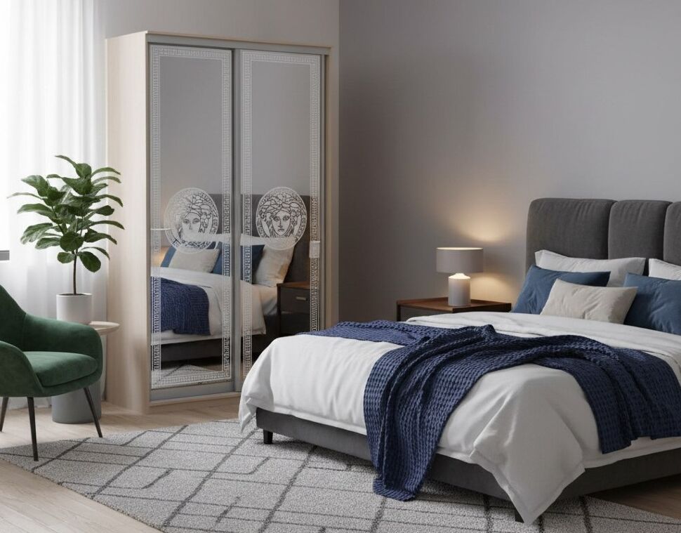 Шкаф купе Модерн 1190х450 2-х дверный 2-х секционный зеркальный с пескоструем №1 ясень