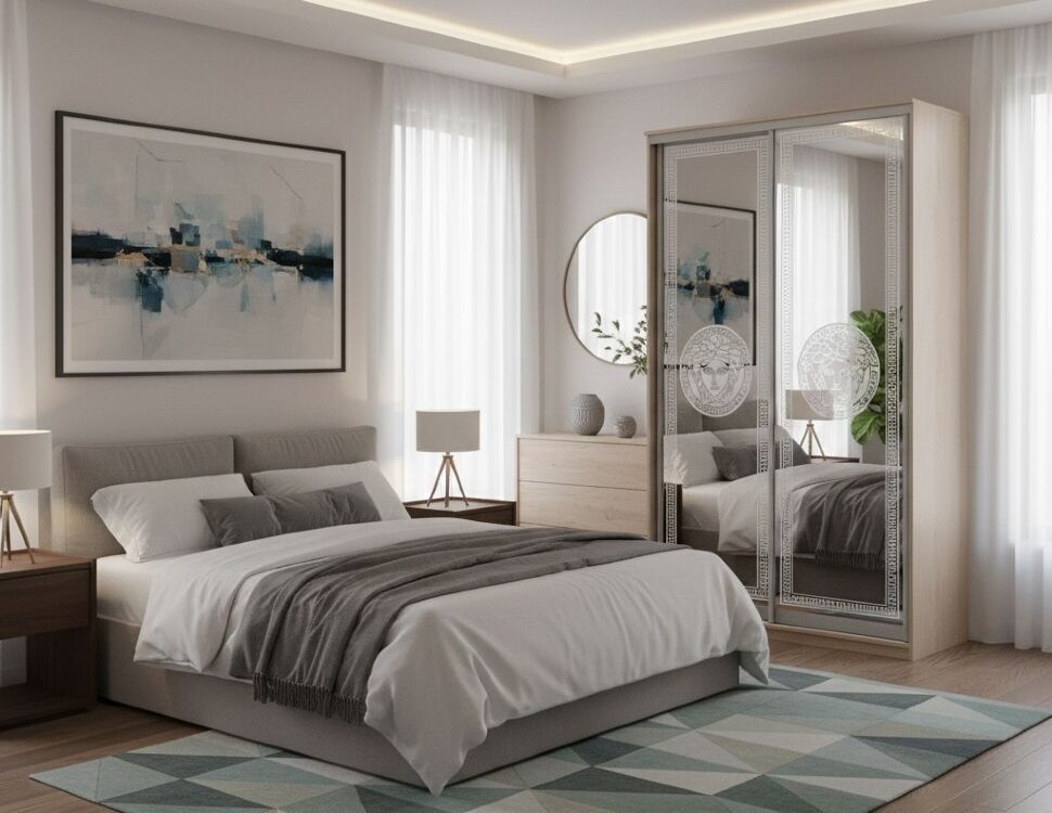 Шкаф купе Модерн 1190х450 2-х дверный 2-х секционный зеркальный с пескоструем №1 ясень