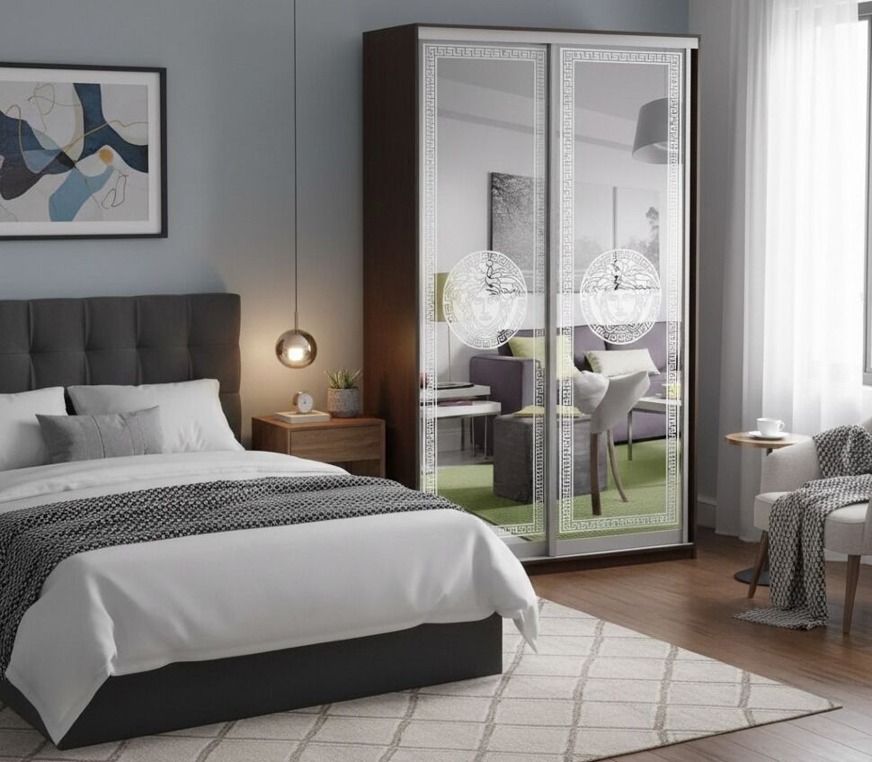 Шкаф купе Модерн 1190х450 2-х дверный 2-х секционный зеркальный с пескоструем №1 венге