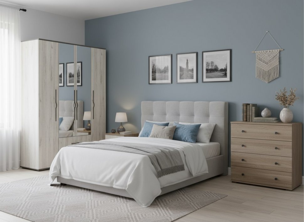 Бастион Шкаф четырехдверный Дуб Крафт белый / Серый шифер