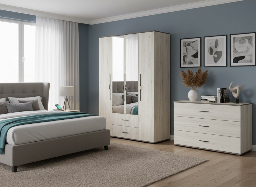 Бастион Шкаф четырехдверный Дуб Крафт белый / Серый шифер