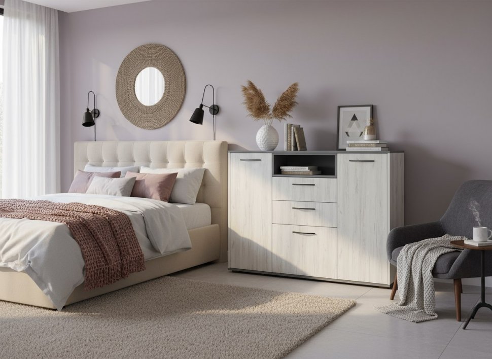 Бастион Комод с нишей / Дуб Крафт Белый / Серый Шифер