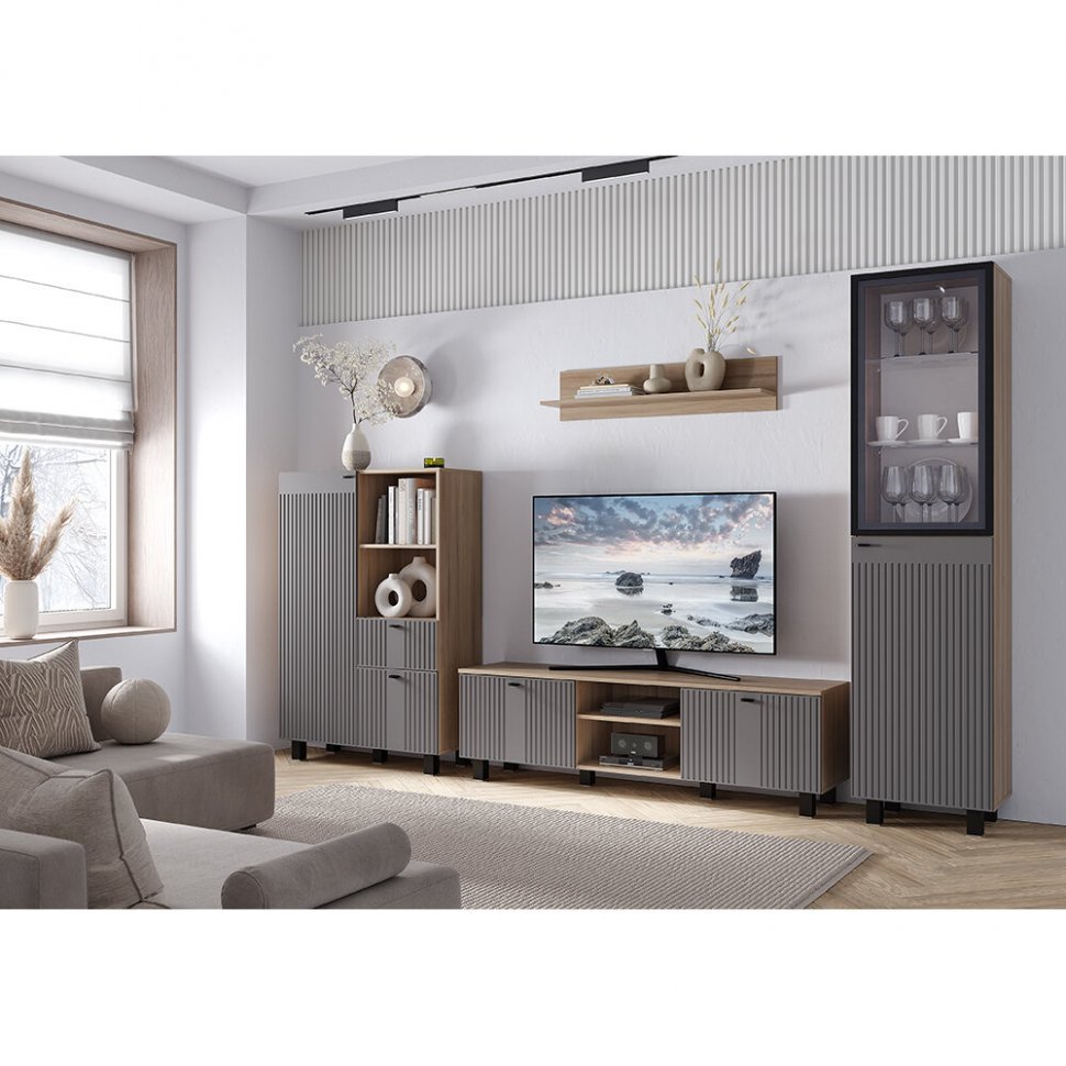 Шкаф-витрина Олива ПН-03 (БТС) Муссон софт / Дуб Каньон