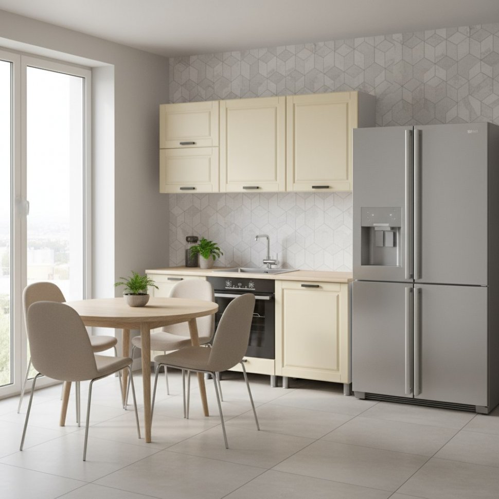 Кухня Аленушка 1,8м Астра Крем,скоба черный,сонома