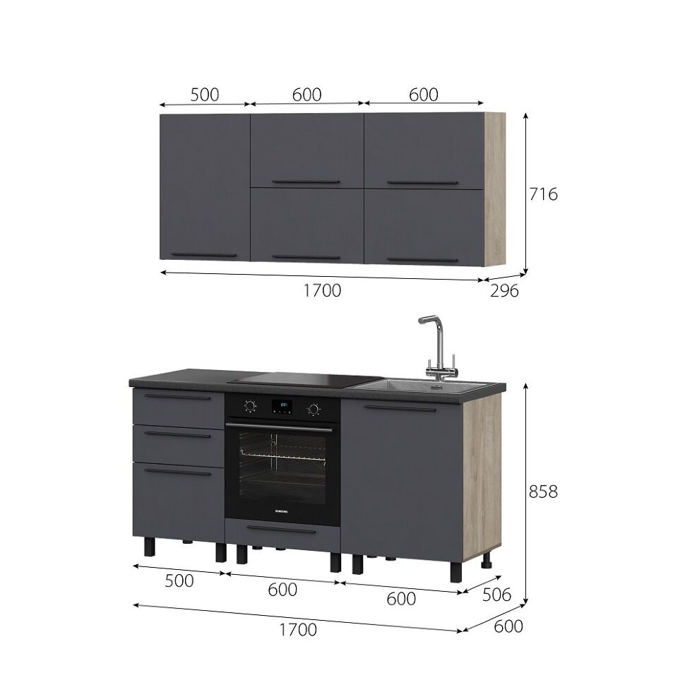 Шкаф кухонный напольный с ящиками 50 см Этна 5с3я (Софт Графит)