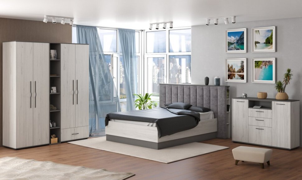 Бастион Шкаф двухдверный / Дуб Крафт Белый / Серый Шифер