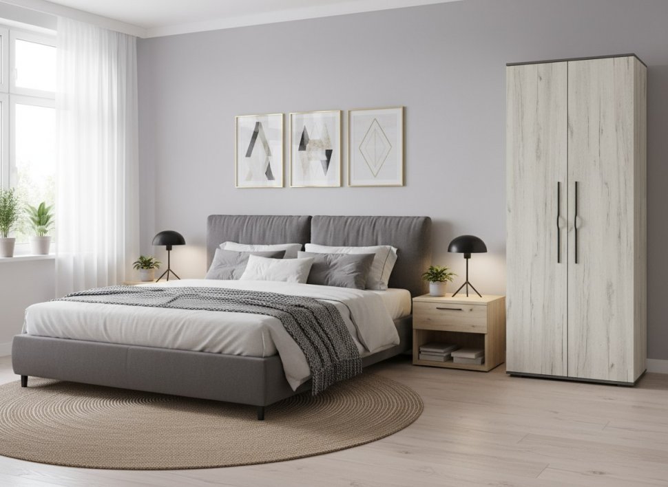 Бастион Шкаф двухдверный / Дуб Крафт Белый / Серый Шифер