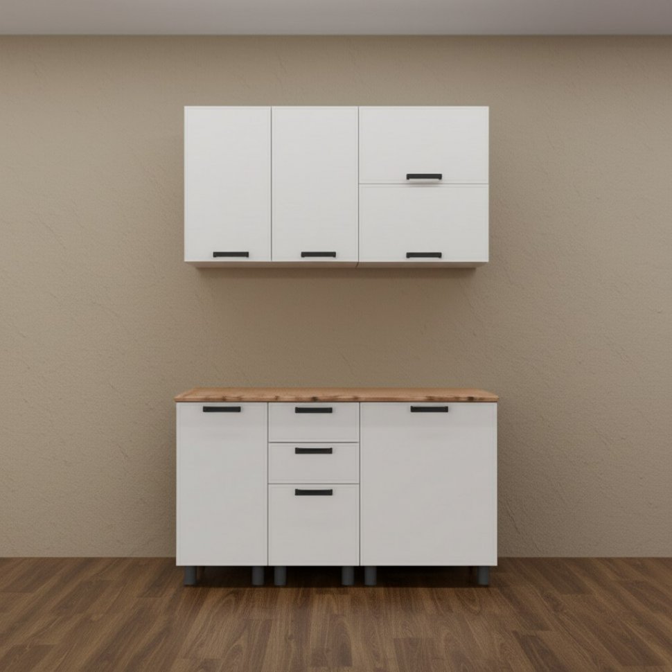 Кухня Аленушка 1,4 м Магнолия Молочный/Молочный,скоба черный,сонома