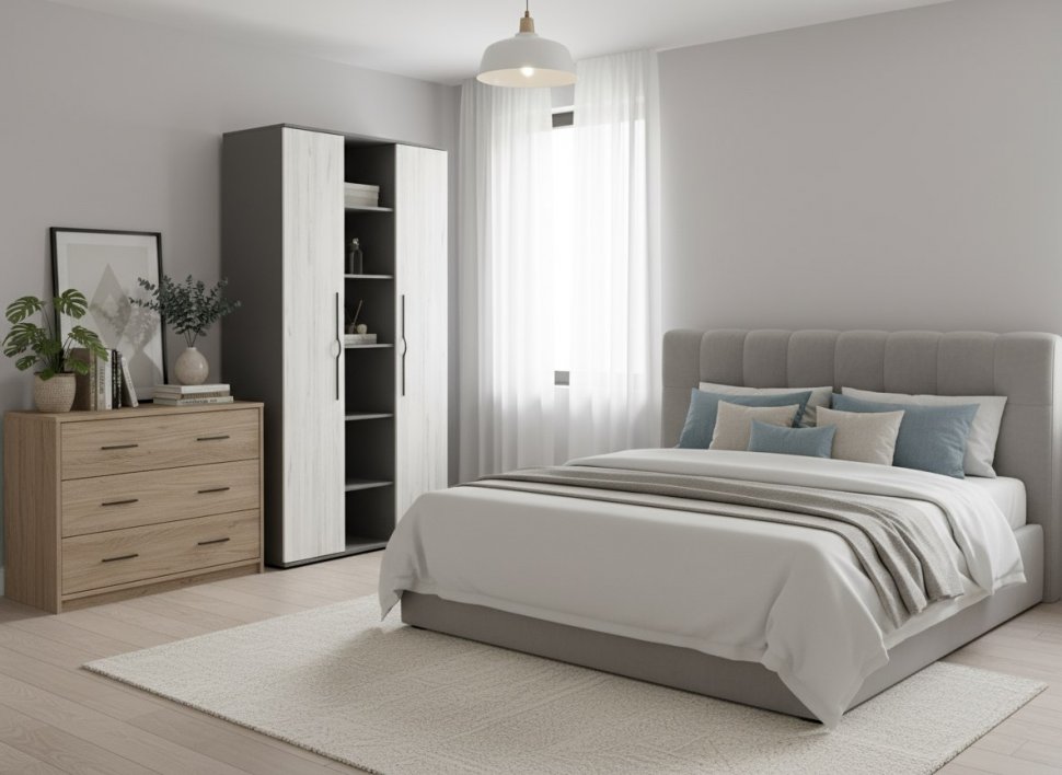 Бастион Шкаф с нишей/ Дуб Крафт Белый / Серый Шифер