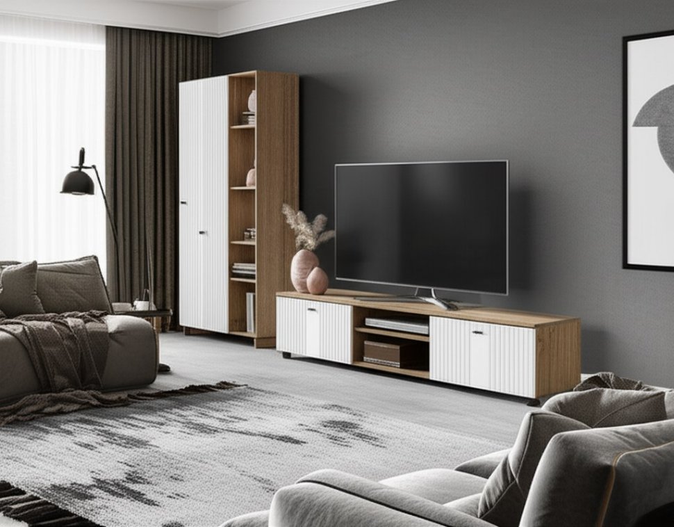 Тумба для ТВ Милан, Дуб золотой, Белый матовый