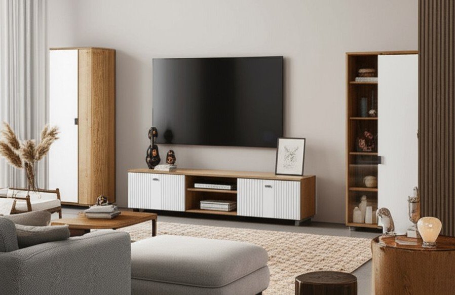 Тумба для ТВ Милан, Дуб золотой, Белый матовый