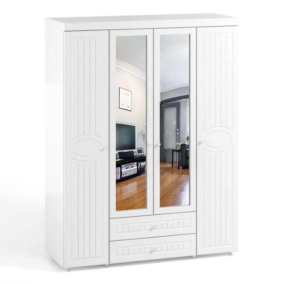 Шкаф 4-х дверный с ящиками и 2-я зеркалами Монако МН-63 белое дерево