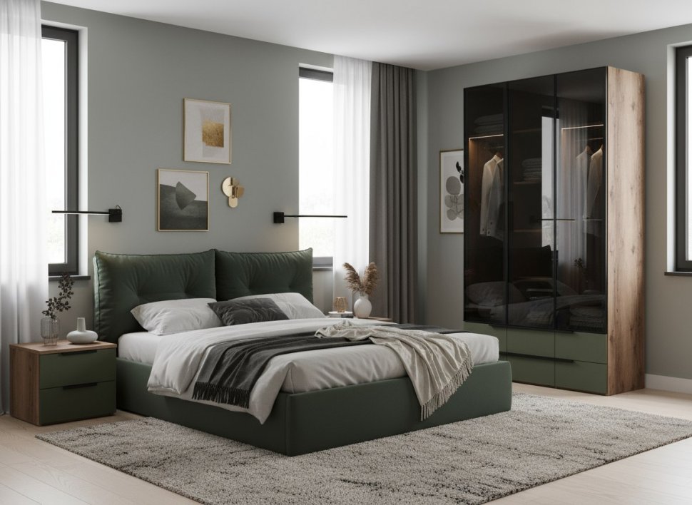 Харди шкаф трехдверный со стеклом Дуб Делано Темный / Грин софт