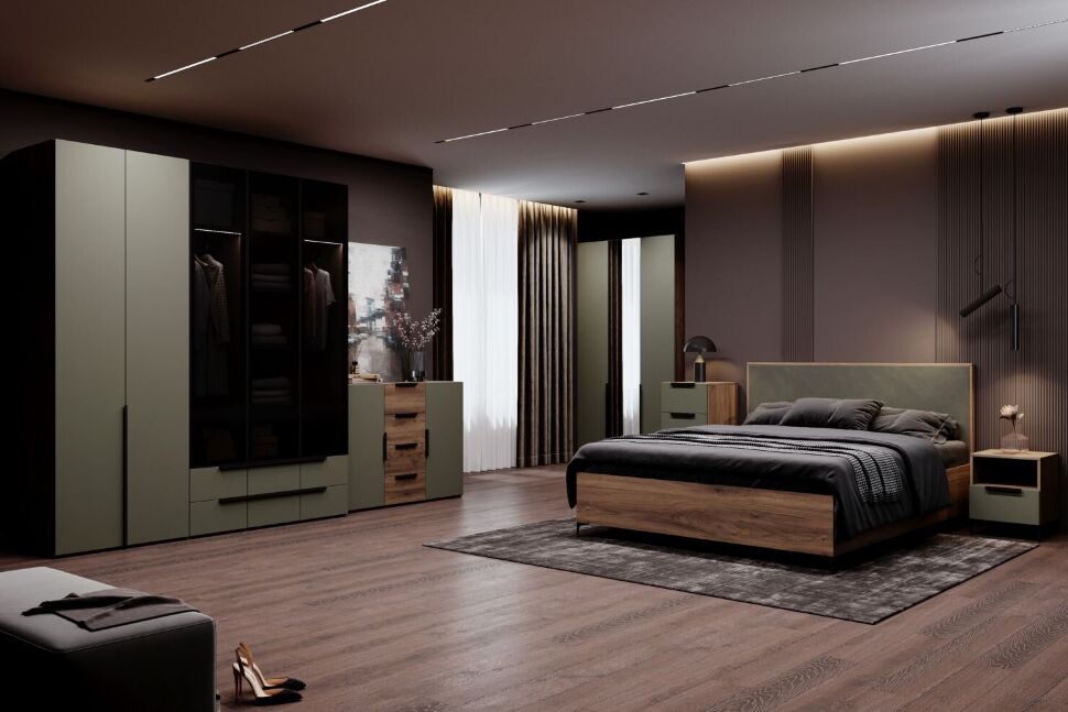 Харди шкаф трехдверный Дуб Делано Темный / Грин софт