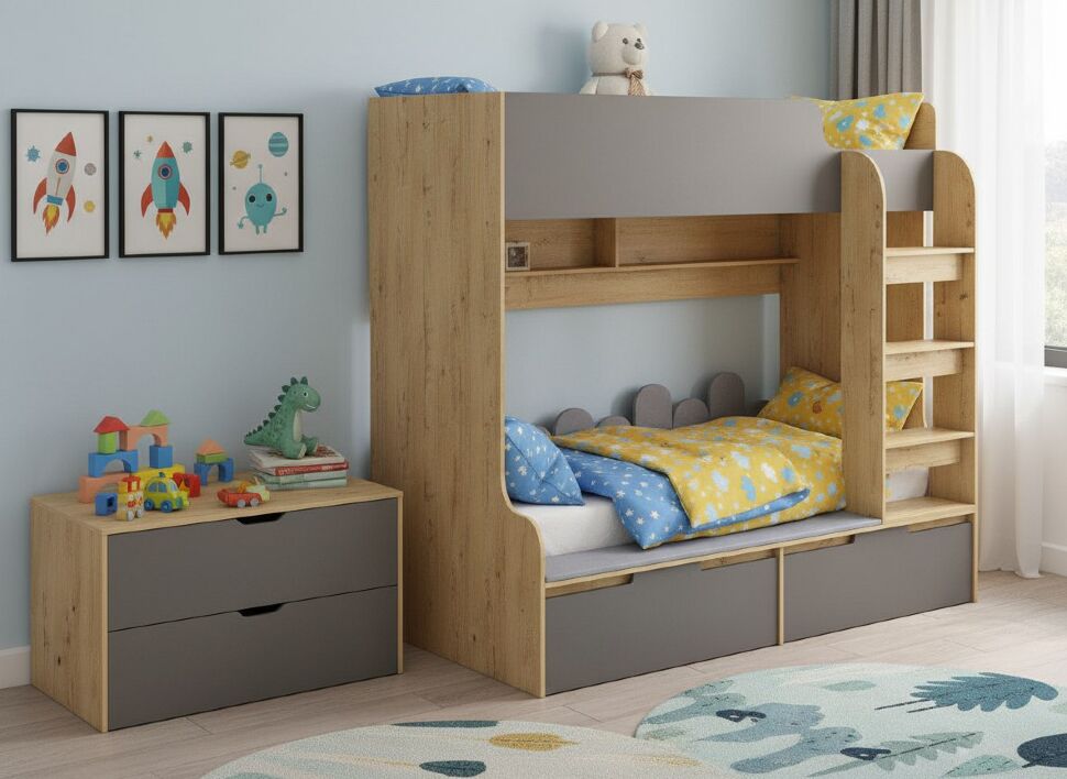 Бруно Чердак-кровать / Дуб Вотан / Серый Графит 