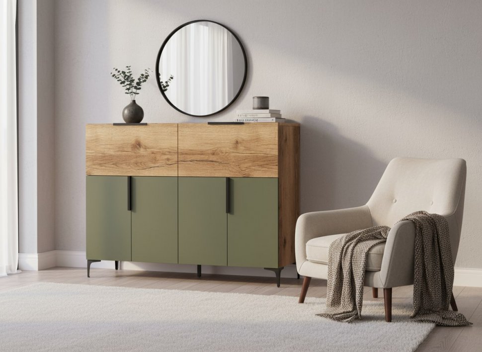 Харди комод высокий Дуб Делано Темный / Грин софт