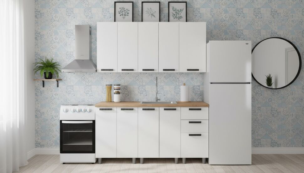 Кухня Аленушка 1,6м Магнолия Молочный/Молочный,скоба черный,черный