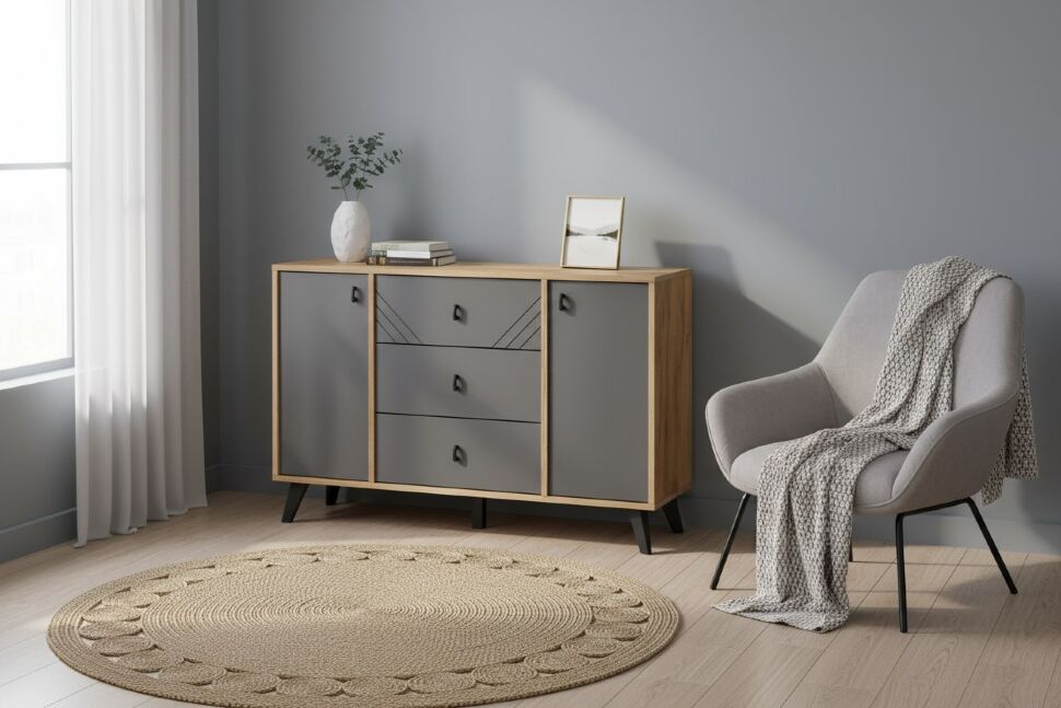 Комод 3 ящика двухстворчатый Байкал, Дуб Золотой, Графит