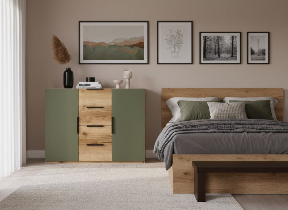 Харди комод широкий Дуб Делано Темный / Грин софт