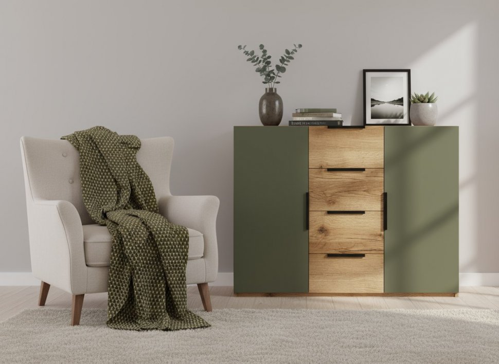 Харди комод широкий Дуб Делано Темный / Грин софт
