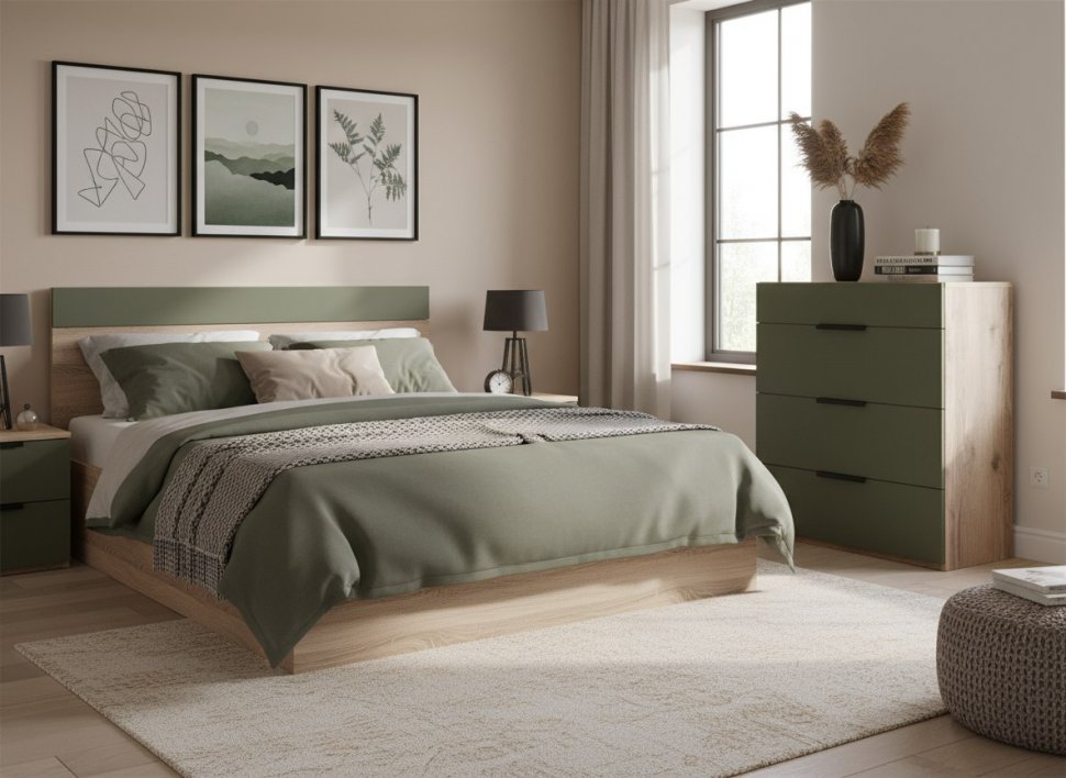 Харди комод с 4 ящиками Дуб Делано Темный / Грин софт