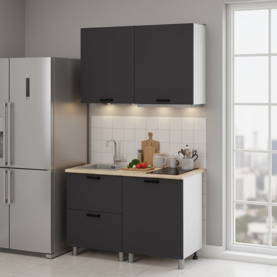 Кухня Аленушка 1,2м с ящ. Лаванда Сталь,скоба черный,сонома