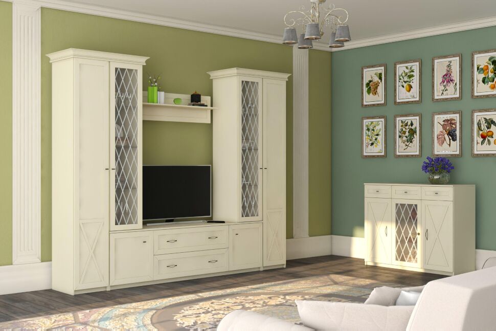 Бэль Шкаф однодверный со стеклом + Карнизы 402/424 / Слоновая кость