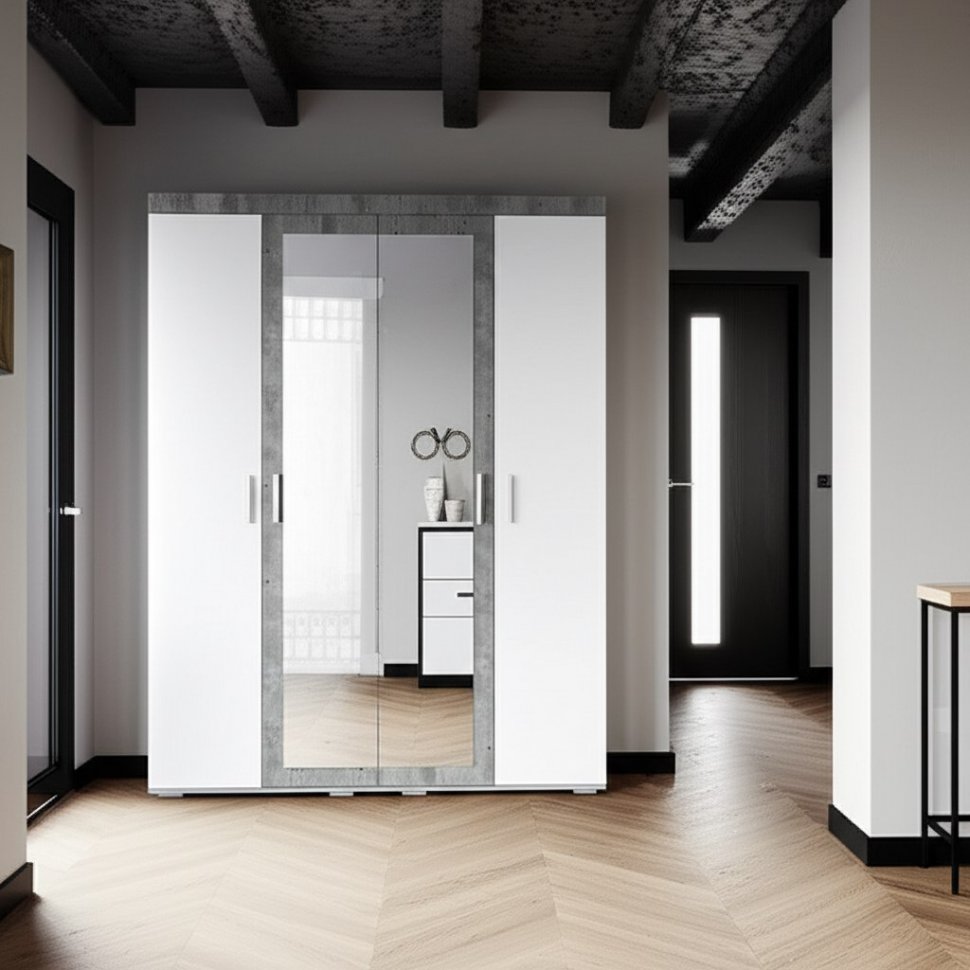 Шкаф четырехстворчатый Инстайл ШК-31, бетон/белый