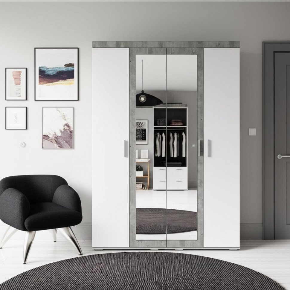 Шкаф четырехстворчатый Инстайл ШК-31, бетон/белый