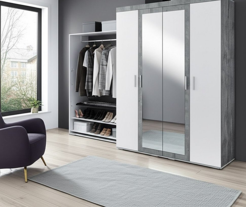 Шкаф четырехстворчатый Инстайл ШК-31, бетон/белый