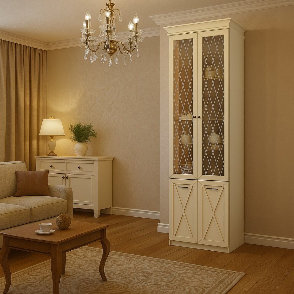 Бэль Шкаф двухдверный со стеклом (задняя стенка зеркало) + Карнизы 802/424 / Слоновая кость