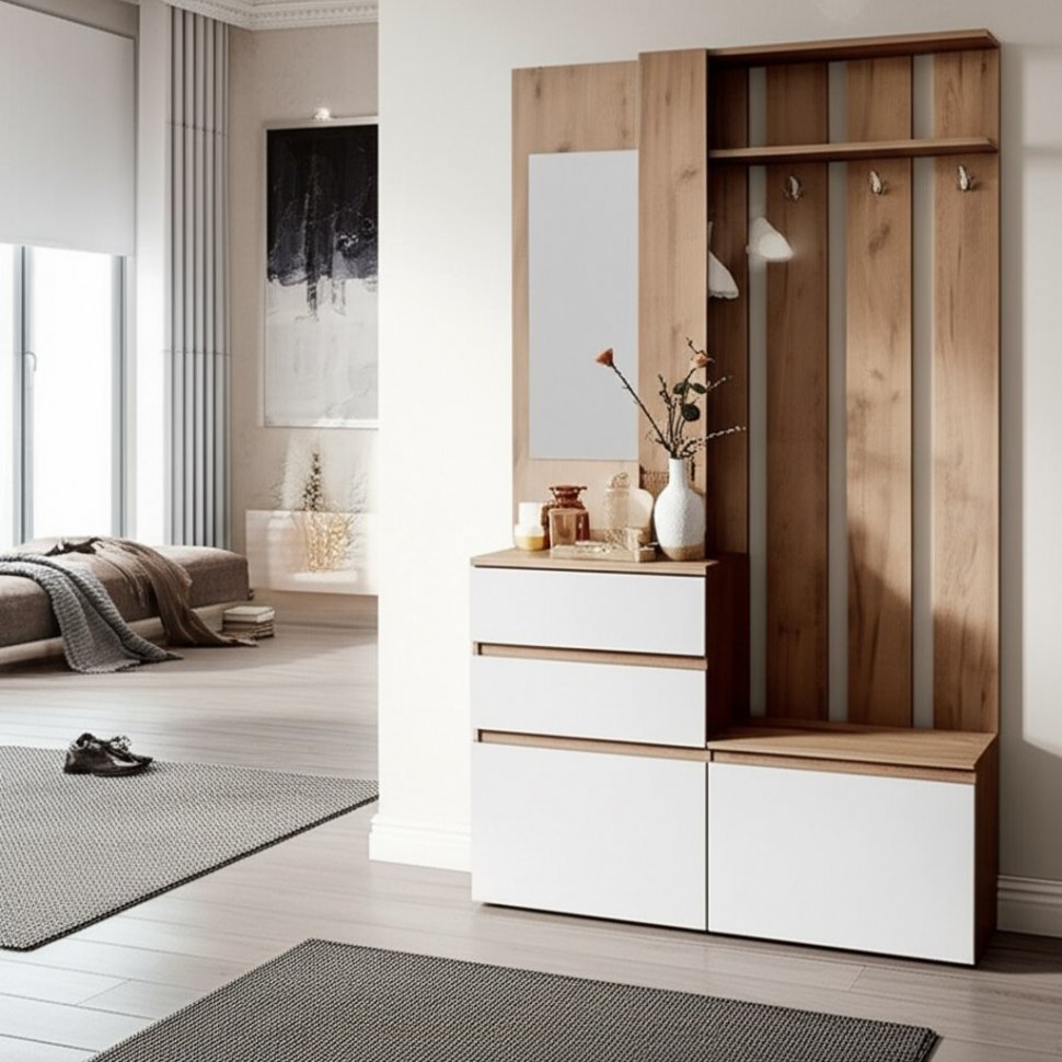 Вешалка с зеркалом Некст 1, Дуб золотой, Белый