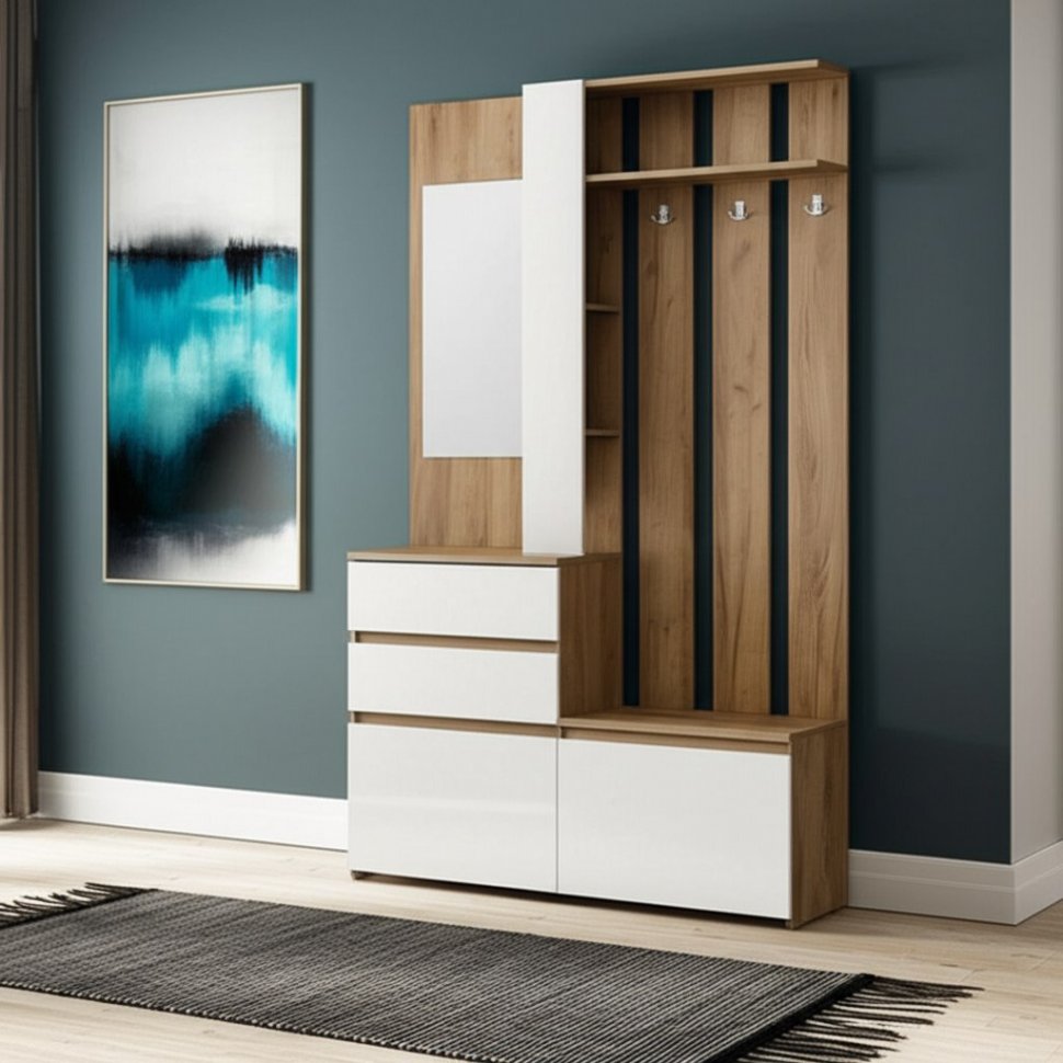 Вешалка с зеркалом Некст 1, Дуб золотой, Белый