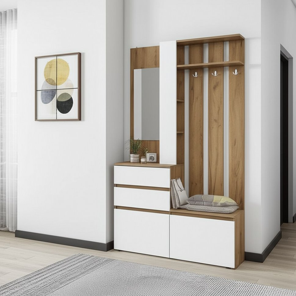 Вешалка с зеркалом Некст 1, Дуб золотой, Белый