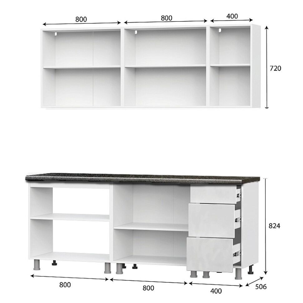 Кухня "Модерн New" 2 м (со столешницей 26 мм) Белый/Белый глянец/Черный