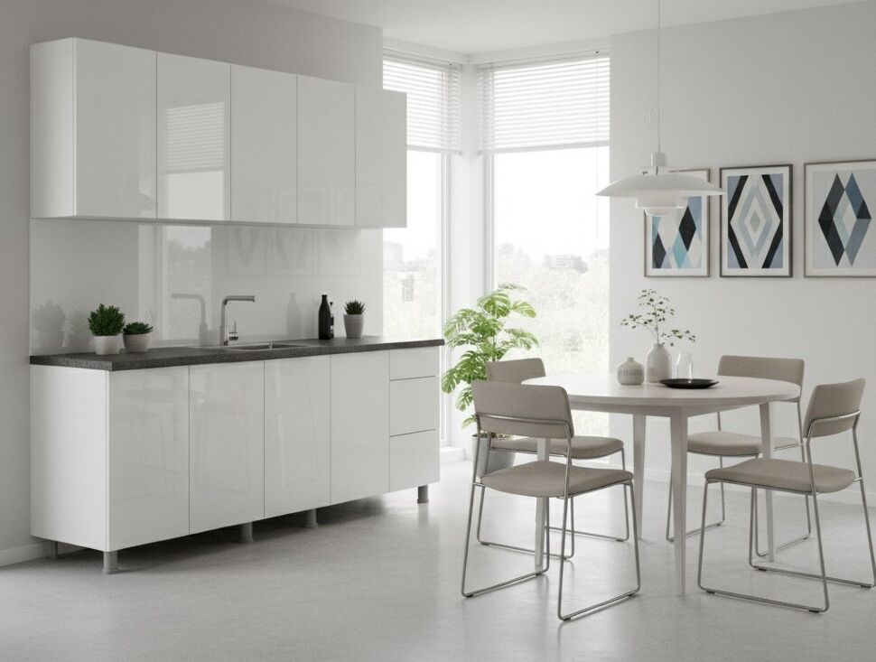 Кухня "Модерн New" 2 м (со столешницей 26 мм) Белый/Белый глянец/Черный