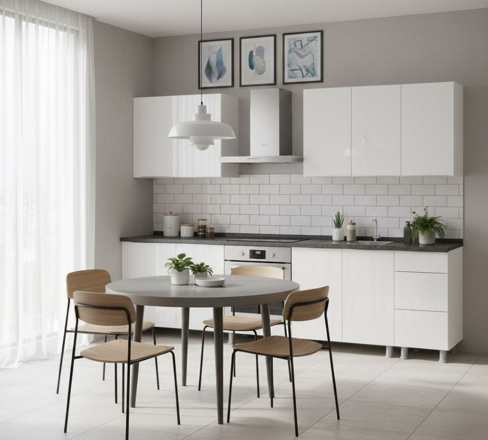 Кухня "Модерн New" 2 м (со столешницей 26 мм) Белый/Белый глянец/Черный