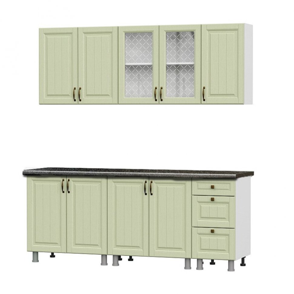 Кухонный гарнитур "Прованс" 2 м (со столешницей 26 мм)Серия 2Белый/Фисташковый текстурный/Черный