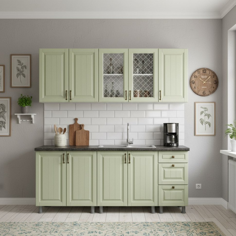 Кухонный гарнитур "Прованс" 2 м (со столешницей 26 мм)Серия 2Белый/Фисташковый текстурный/Черный