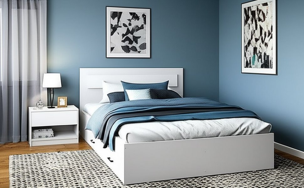 Кровать двойная с ящиками Бали, Белый шагрень