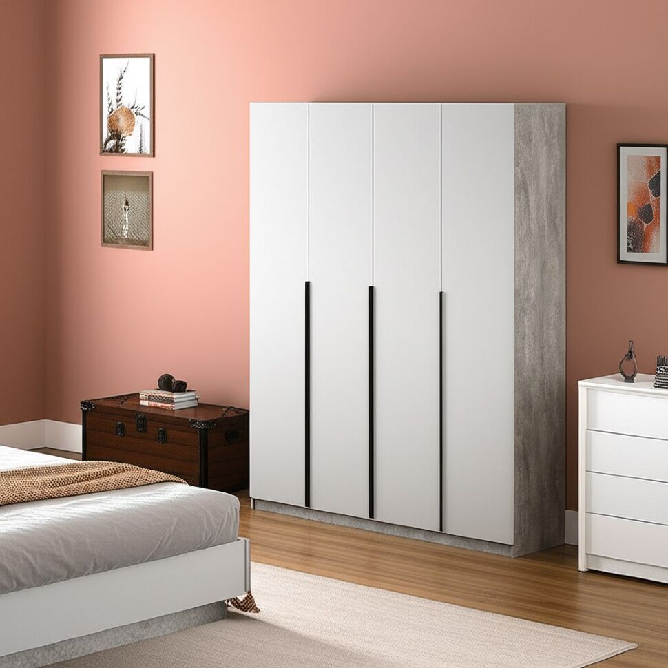 Шкаф распашной ШК 5 (1600), Цемент светлый, Белый шагрень